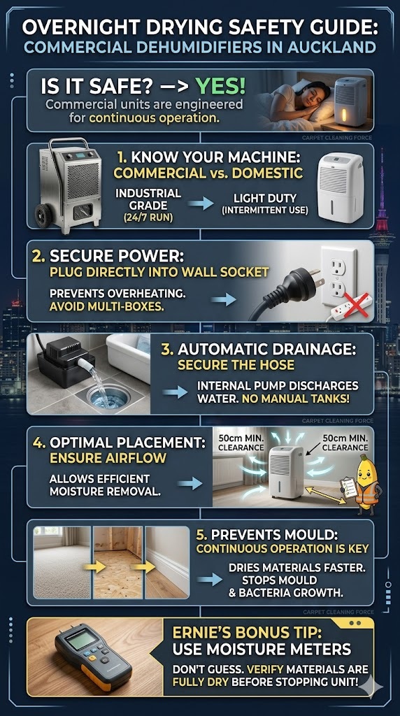 Commercial dehumidifier overnight safety checklist infographic