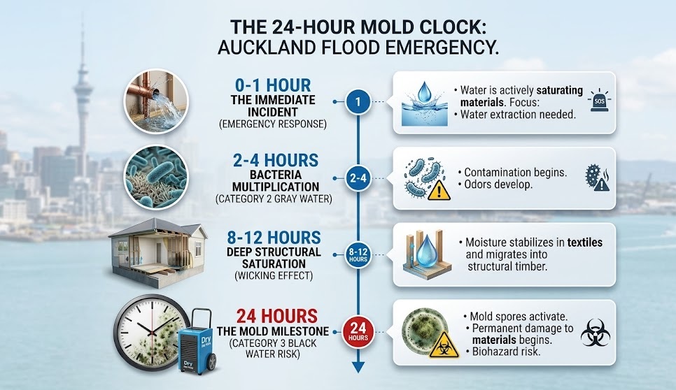 24-hour mold growth timeline for Auckland floods showing saturation stages and risk to building materials.