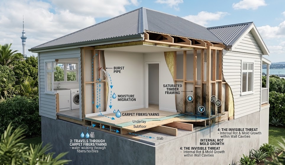Auckland flood restoration cutaway showing water from burst pipe moving through floor and settling in timber framing.