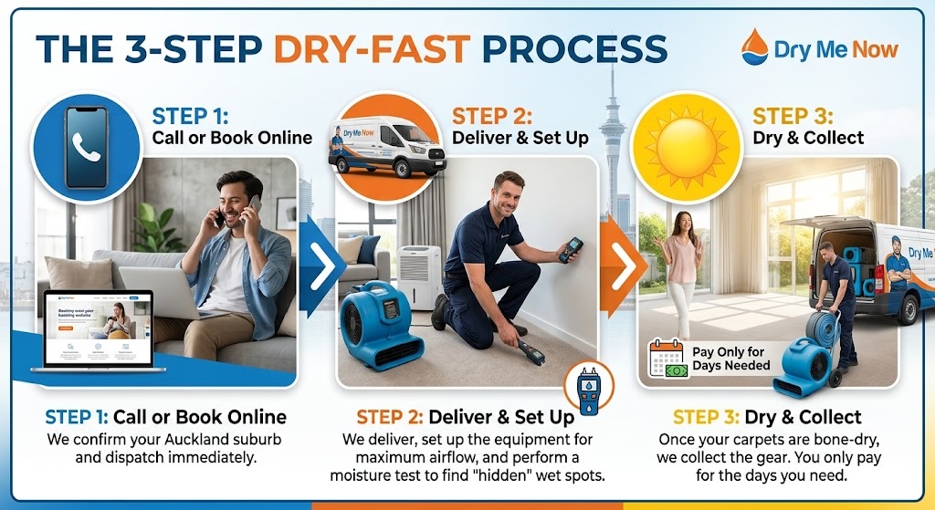 An infographic detailing the Dry Me Now 3-step flood recovery process. Step 1 shows a phone and booking; Step 2 shows a delivery van and technician setting up gear with a moisture test; Step 3 shows a sun icon with dry carpets and equipment collection.