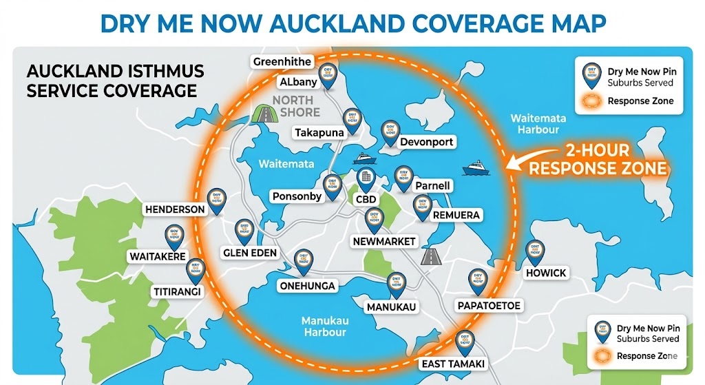 A simplified vector service map of the Auckland Isthmus, showing coverage from the North Shore to the South. The map highlights key suburbs with "Dry Me Now" service pins and features a large, central "2-Hour Response Zone" circle encompassing the entire metropolitan area.