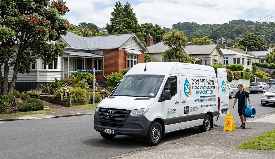Branded Dry Me Now Mercedes Sprinter service van parked on a residential Auckland street for an emergency flood restoration job.