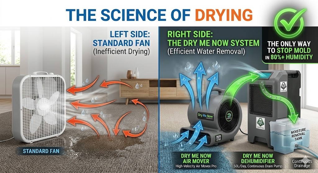 A split-screen infographic comparing standard fan drying to the Dry Me Now system. The left shows a standard fan blowing moisture back into the room. The right shows the Dry Me Now Air Mover lifting moisture from the carpet and the LGR Dehumidifier pulling it into a removal tank. A checkmark highlights it as the only way to stop mold in 80%+ humidity.