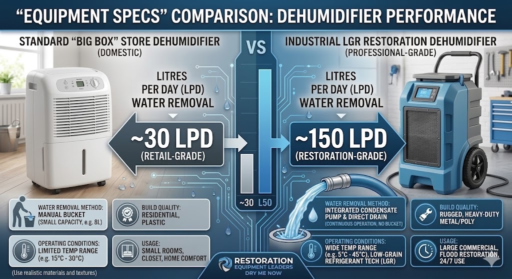Realistic infographic comparing a ~30 LPD domestic dehumidifier with a ~150 LPD industrial LGR unit for Auckland flood restoration.