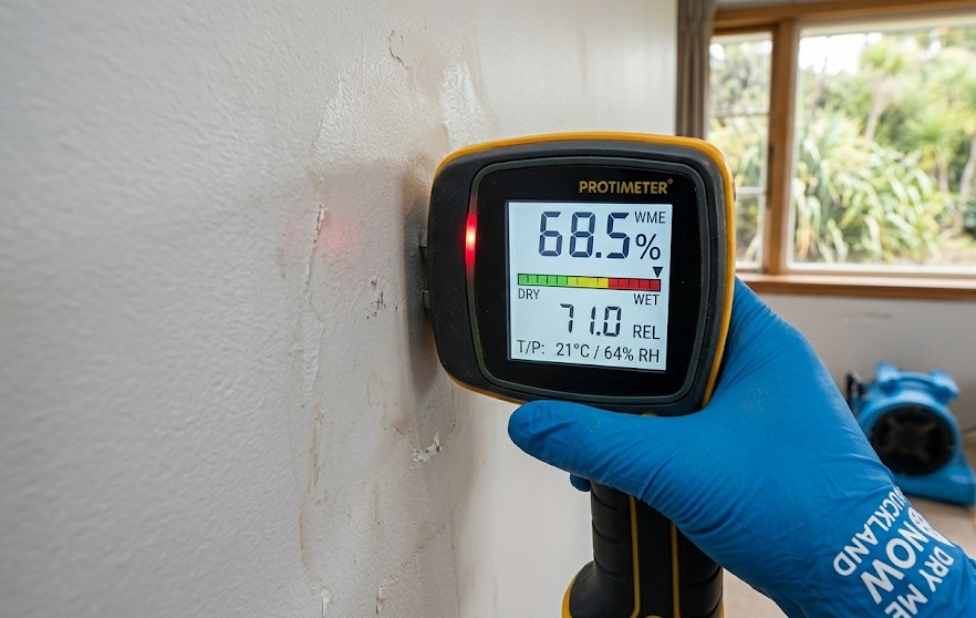 Digital moisture meter showing high saturation in Auckland building synthetics.