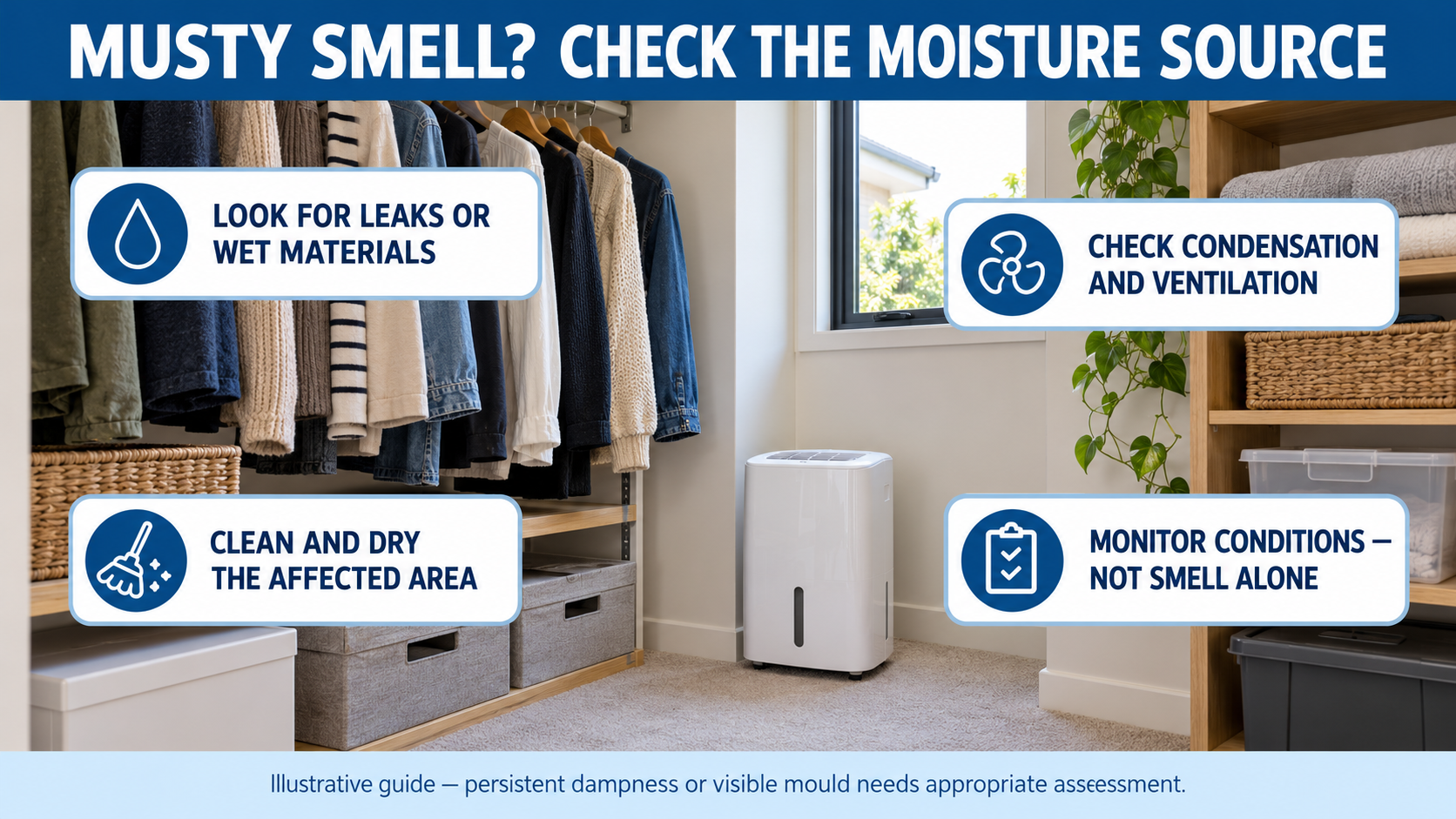 Illustrative wardrobe moisture guide showing checks for leaks or wet materials, condensation and ventilation, cleaning and drying the affected area, and monitoring conditions rather than smell alone.