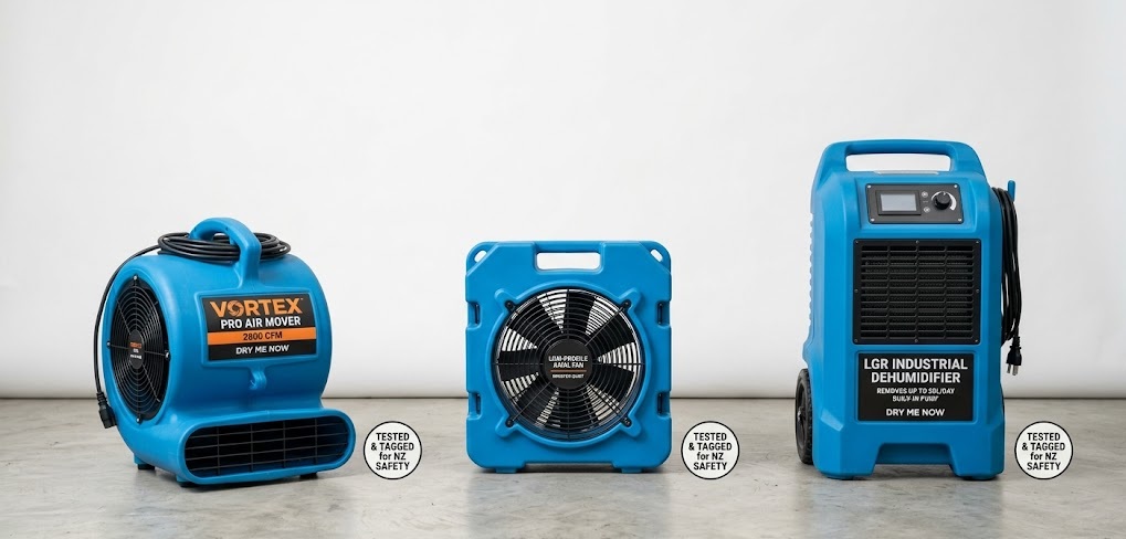 A studio shot of three pieces of clean, bright blue industrial water damage restoration equipment lined up: a Vortex Pro Air Mover, a Low-Profile Axial Fan, and an LGR Industrial Dehumidifier. Each unit features a "Tested & Tagged for NZ Safety" badge.