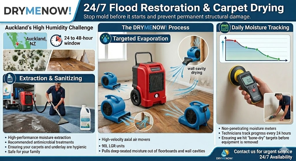 An infographic for "DRYMENOW!" Auckland flood restoration and carpet drying services, detailing a three-step process for mold prevention. Sections illustrate Extraction & Sanitizing, Targeted Evaporation (using 90L LGR units and axial air movers for wall cavity drying), and Daily Moisture Tracking with non-penetrating meters. Highlights include 24/7 availability and urgent service in Auckland, NZ.