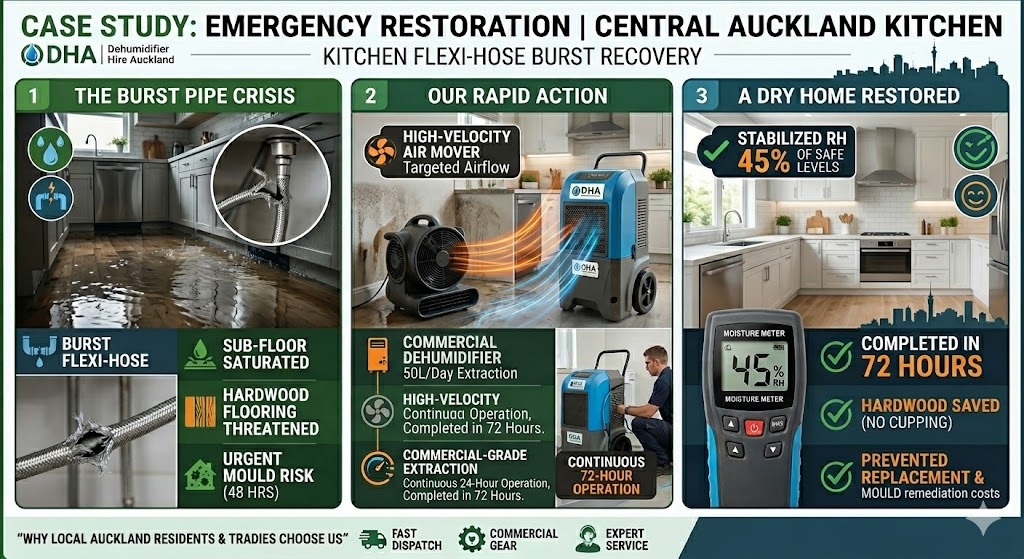 Infographic case study of a kitchen water damage restoration in Central Auckland. It details the flexi-hose burst crisis with a flooded kitchen, the rapid action using high-velocity air movers and commercial dehumidifiers in a 72-hour operation, and the successful result with stabilized relative humidity of 45% and saved hardwood flooring.