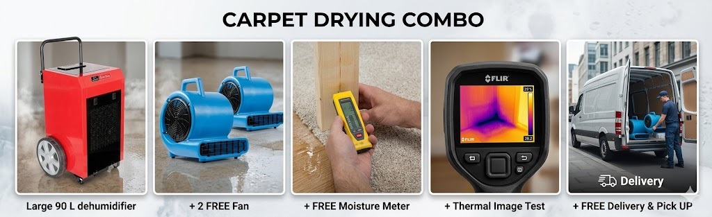 A commercial carpet drying rental package in Auckland, featuring an industrial 90L red dehumidifier, two blue floor fans, a moisture meter, and professional thermal imaging detection.