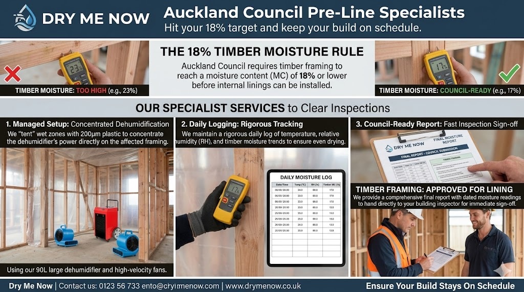 An informative infographic for Dry Me Now, Auckland Council Pre-Line Specialists. It outlines the three-step service process (Managed Setup, Daily Logging, and Council-Ready Report) to achieve the required 18% timber moisture compliance for construction framing. The realistic photos show side-by-side comparisons of wet versus dry timber, and a detailed interior view of a frame house with 200µm plastic tenting, featuring the specific red 90L large dehumidifier and two blue high-velocity fans (matching image_0.png) in operation. It includes data logs and a final compliance report being signed by an inspector.