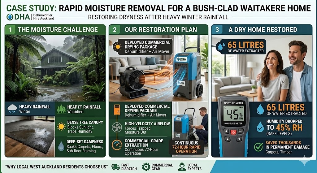 An infographic titled "Case Study: Rapid Moisture Removal for a Bush-Clad Waitakere Home" by Dehumidifier Hire Auckland, detailing three stages of restoring a home after heavy winter rain. The image shows: 1) "The Moisture Challenge" with deep-set dampness from heavy rain and tree canopy, showing a rainy exterior and wet carpet. 2) "Our Restoration Plan" featuring photos of a commercial dehumidifier and high-velocity air mover fan in a continuous 72-hour drying operation. 3) "A Dry Home Restored" with a smiling couple and a large moisture meter reading 45% RH (safe levels), stating 65 litres of water were extracted, saving thousands in damage to carpets and timber.