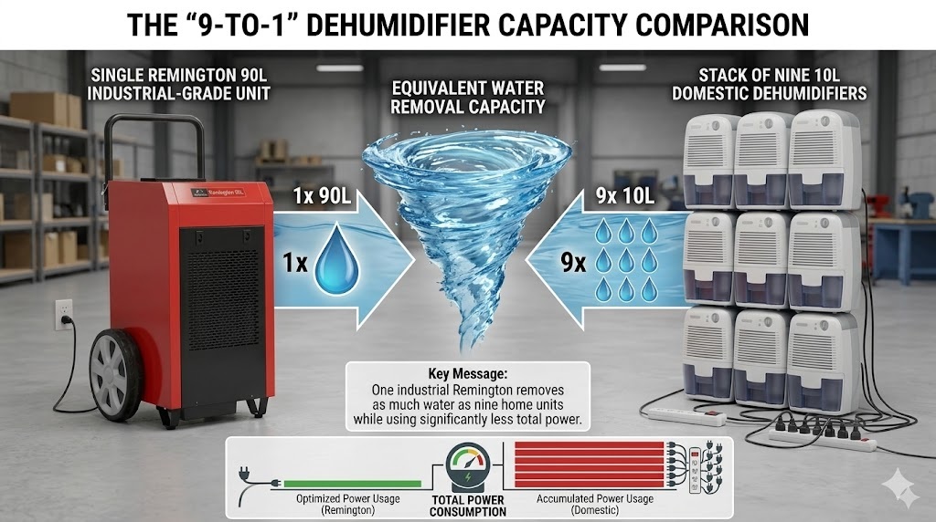 Industrial dehumidifier hire Auckland comparison: Infographic showing one Remington 90L commercial unit removing the equivalent water of nine 10L domestic dehumidifiers, while consuming significantly less total power.