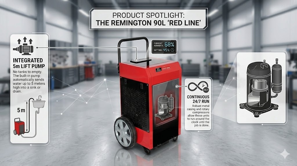 An infographic in a warehouse setting showcasing the key features of the red Remington 90L "Red Line" professional dehumidifier. Callouts detail its "Integrated 5m Lift Pump," "Current Humidity 68%" display, "Continuous 24/7 Run," and a detailed technical cutaway diagram of its rotary compressor.