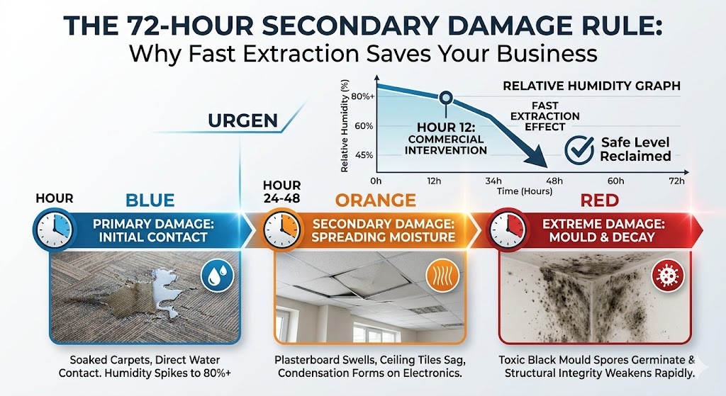 An infographic titled "The 72-Hour Secondary Damage Rule: Why Fast Extraction Saves Your Business." It features a three-stage horizontal timeline flowchart: Hour 0-24 (Blue) shows primary damage with soaked carpets and humidity spiking to 80%+; Hour 24-48 (Orange) shows secondary damage with sagging ceiling tiles; and Hour 48-72 (Red) shows extreme damage with toxic black mould spreading. A line graph above the timeline illustrates the relative humidity sharply dropping to a safe 45% after commercial intervention at Hour 12.