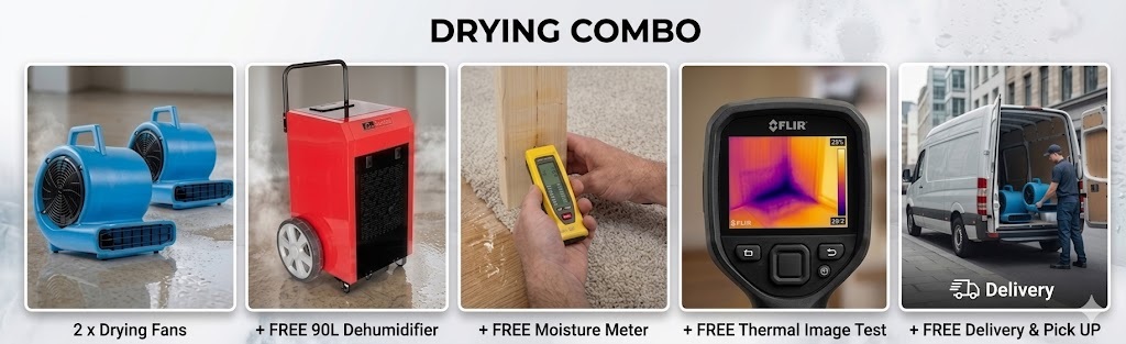 Auckland carpet drying equipment combo for hire, featuring two blue high-velocity fans, alongside a free 90L red industrial dehumidifier, yellow moisture meter, FLIR thermal camera, and delivery van.