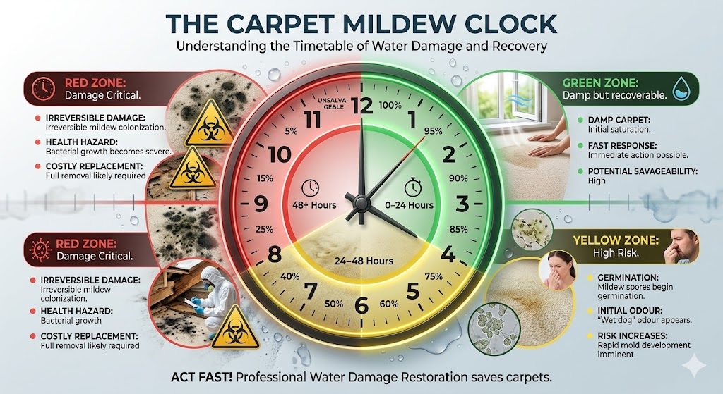 The Carpet Mildew Clock infographic illustrating the 48-hour timeline of water damage. It displays three zones: a green safe zone (0-24 hours) for recoverable damp carpet, a yellow high-risk zone (24-48 hours) where mildew spores germinate, and a red critical zone (48+ hours) indicating irreversible damage. A visual guide for rapid water damage restoration by Eco Carpet Cleaning Force