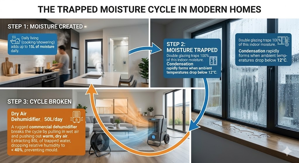 nfographic illustrating the trapped moisture cycle in modern double-glazed homes, showing how daily living causes severe window condensation and how a 50L commercial dehumidifier from 7 Hire breaks the cycle by extracting moisture and preventing black mould.