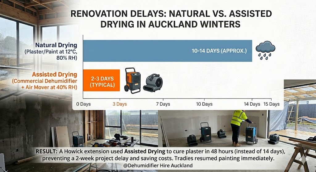 Infographic comparing natural winter plaster drying times of up to 14 days against assisted drying of 3 days using commercial dehumidifier hire equipment in East Auckland.