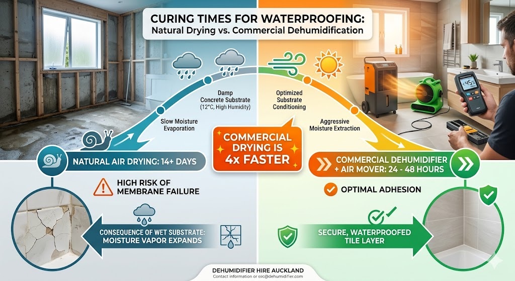 Split-screen infographic comparing 14-day natural air drying at 12°C for bathroom substrates versus 24 to 48-hour drying times using commercial dehumidifier hire in Grey Lynn. The left side illustrates slow moisture evaporation leading to membrane failure and cracked tiles. The right side demonstrates aggressive moisture extraction using a commercial dehumidifier and air mover, resulting in optimal adhesion and a secure waterproofed tile layer in a fraction of the time.