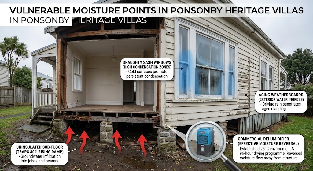 Cross-section infographic of a historic Ponsonby timber villa showing vulnerable moisture points, including uninsulated sub-floors, draughty sash windows, and aging weatherboards, featuring a commercial dehumidifier extracting water to prevent structural wood rot.