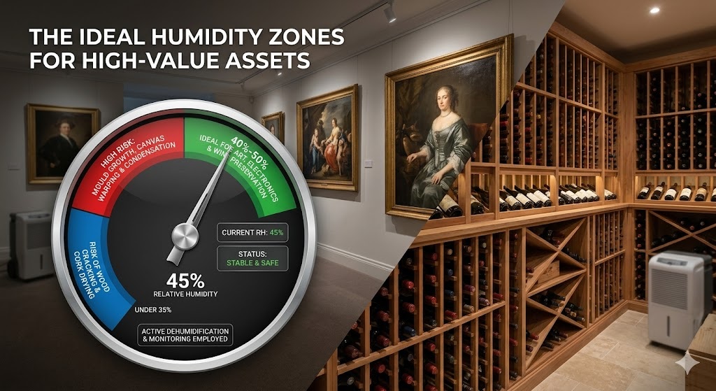 Infographic dial displaying ideal relative humidity zones for high-value assets. The gauge points to the safe green zone of 40 to 50 percent, overlaid on a split background of a fine art gallery and a luxury wine cellar protected by a commercial dehumidifier in Remuera.