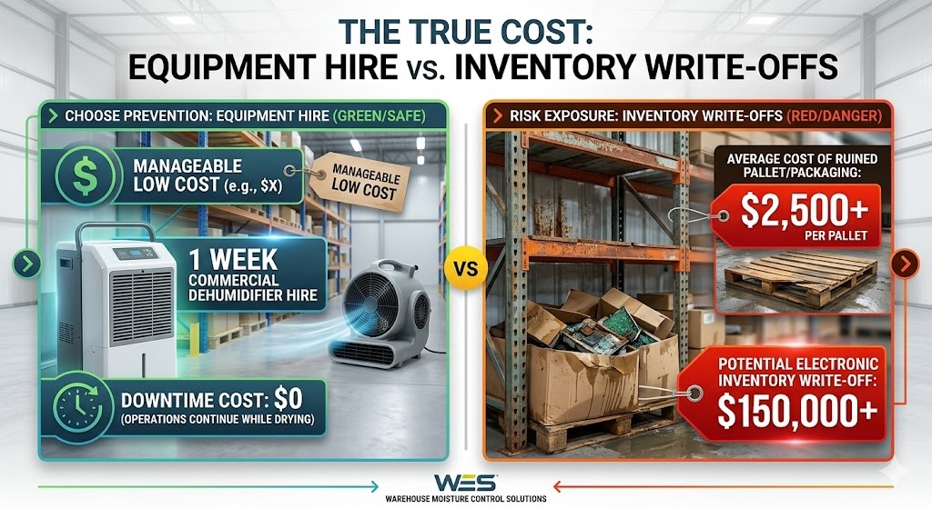 Side-by-side cost comparison infographic for warehouse moisture control. The left shows affordable commercial dehumidifier hire and industrial drying equipment with zero downtime. The right illustrates the severe financial risk of unmitigated humidity, showing rusted shelving and $150,000+ in water-damaged inventory write-offs for South Auckland businesses.