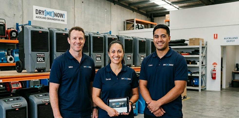 The Dry Me Now team standing inside their Auckland equipment depot, alongside a fleet of 90L Remington commercial dehumidifiers.