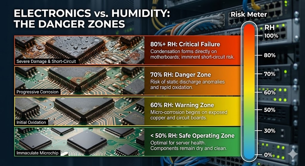 A vertical risk meter infographic titled "Electronics vs. Humidity: The Danger Zones," illustrating the progressive damage high relative humidity causes to server room hardware. The chart displays four stages: safe operating conditions below 50% RH with a clean microchip, warning and danger zones at 60-70% RH showing initial oxidation and corrosion on circuit boards, and a critical failure zone above 80% RH showing severe rust and condensation directly on a motherboard.