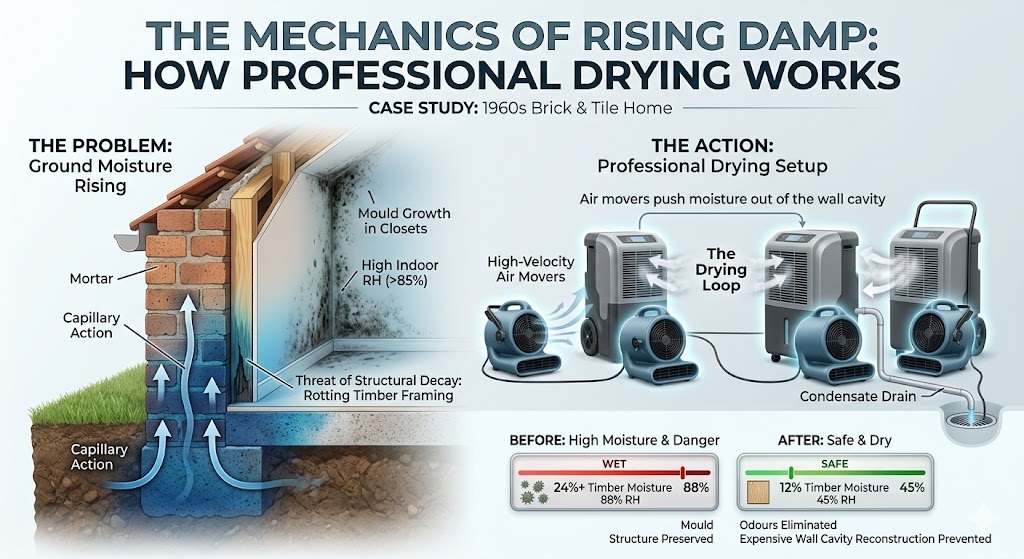 An infographic titled "The Mechanics of Rising Damp: How Professional Drying Works," featuring a cross-section of a 1960s brick and tile home. The left side shows blue ground moisture traveling up through brick mortar via capillary action, causing indoor mould and structural threat. The right side illustrates "The Drying Loop," where high-velocity air movers push moisture from the wall cavity into refrigerant dehumidifiers, which then drain the condensate. A before-and-after meter at the bottom shows moisture levels dropping from a dangerous 88% relative humidity to a safe 45%, with timber moisture reduced to 12%.