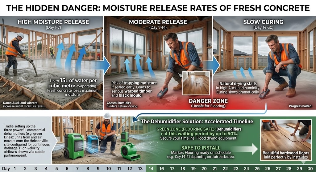 Infographic detailing the 30-day moisture release rates of fresh concrete and demonstrating how commercial dehumidifier hire in Hobsonville accelerates drying times for safe hardwood flooring installation.