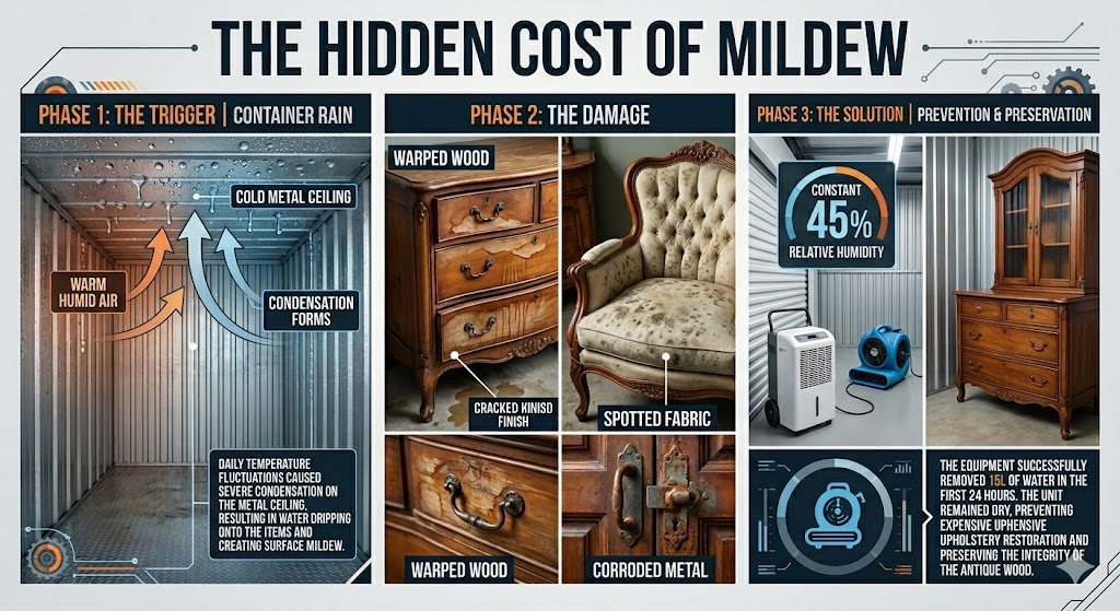 An infographic titled "The Hidden Cost of Mildew" detailing moisture damage in self-storage units. It is split into three phases: Phase 1 shows warm humid air hitting a cold metal ceiling to create condensation or "container rain." Phase 2 displays photos of damaged antique furniture, highlighting warped wood, spotted moldy fabric, and corroded metal. Phase 3 shows the solution, featuring a commercial dehumidifier and air mover keeping a storage unit at a constant 45% relative humidity to preserve a wooden cabinet.