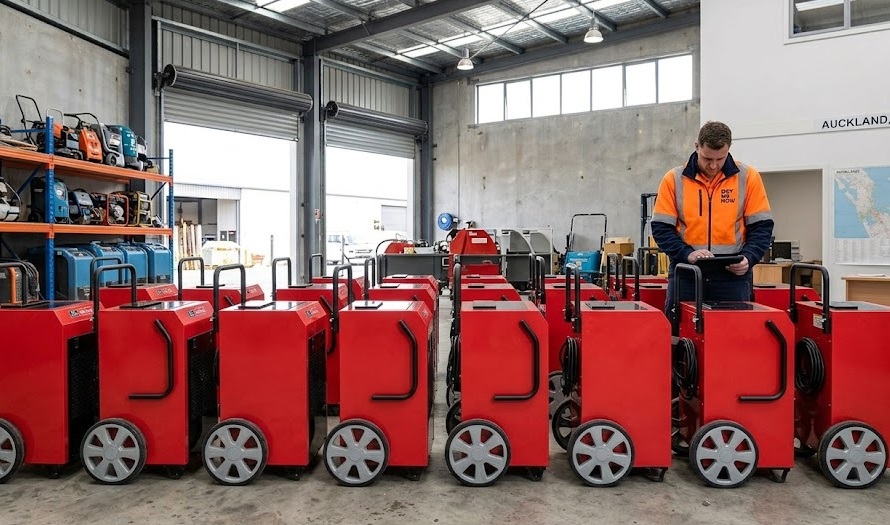 A large fleet of grey Remington 90L commercial dehumidifiers neatly lined up inside the Dry Me Now Auckland depot, showing our available stock.