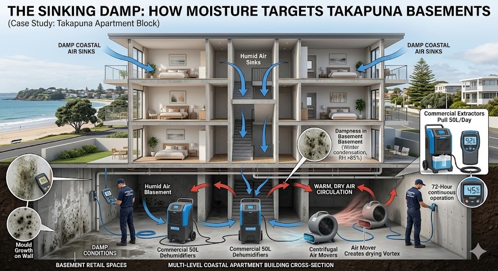 Infographic cross-section of a 3-story Takapuna coastal apartment building demonstrating how heavy, damp air sinks into the basement. The diagram shows a commercial 50L dehumidifier and air mover fan actively circulating warm air to extract trapped moisture and prevent toxic black mould.