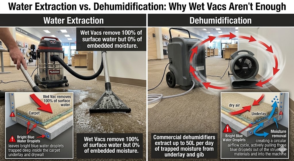 Infographic comparing standard wet vac water extraction with commercial dehumidification. The left side shows a wet vac leaving embedded moisture trapped in carpet underlay and gib. The right side shows a commercial dehumidifier and air mover creating an airflow cycle to actively extract up to 50L of trapped moisture per day from a flooded retail store.