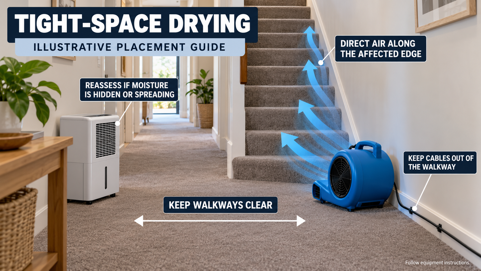 Illustrative tight-space drying guide showing a compact air mover directing air along an affected edge while the walkway and cable route remain clear.