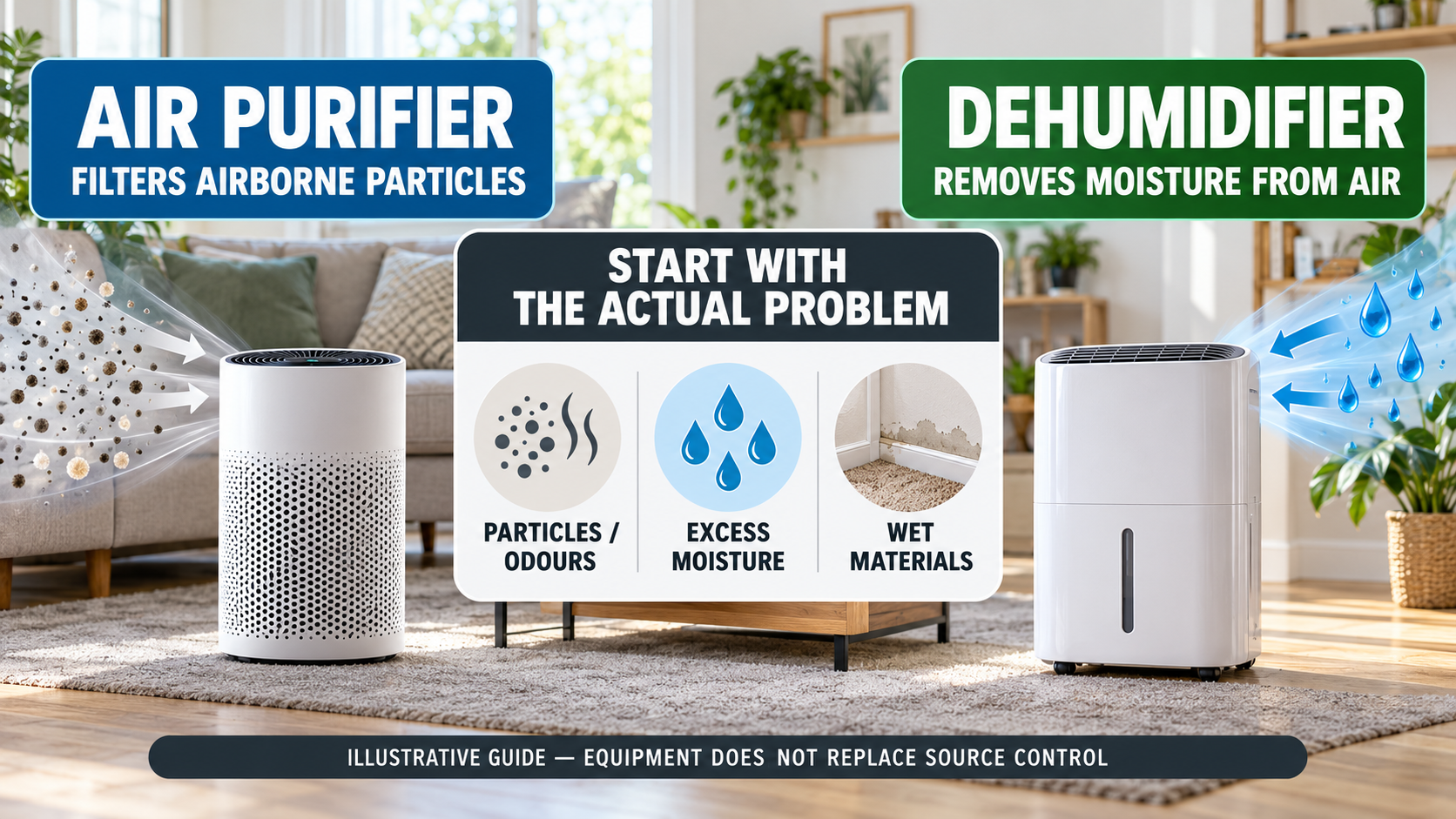 Illustrative guide comparing an air purifier that filters airborne particles with a dehumidifier that removes moisture from room air, and prompting identification of the actual problem.