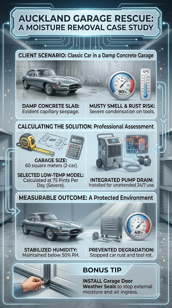 Garage dehumidifier sizing and moisture-control case-study infographic