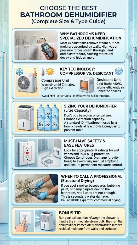 Bathroom dehumidifier sizing and safety infographic