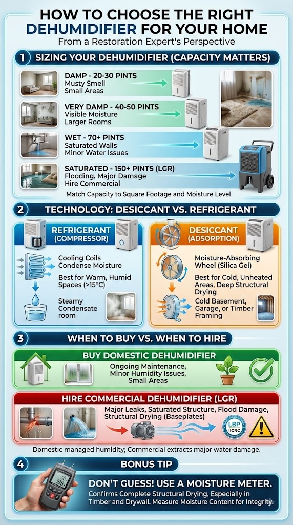 Home dehumidifier sizing guide infographic for moisture control