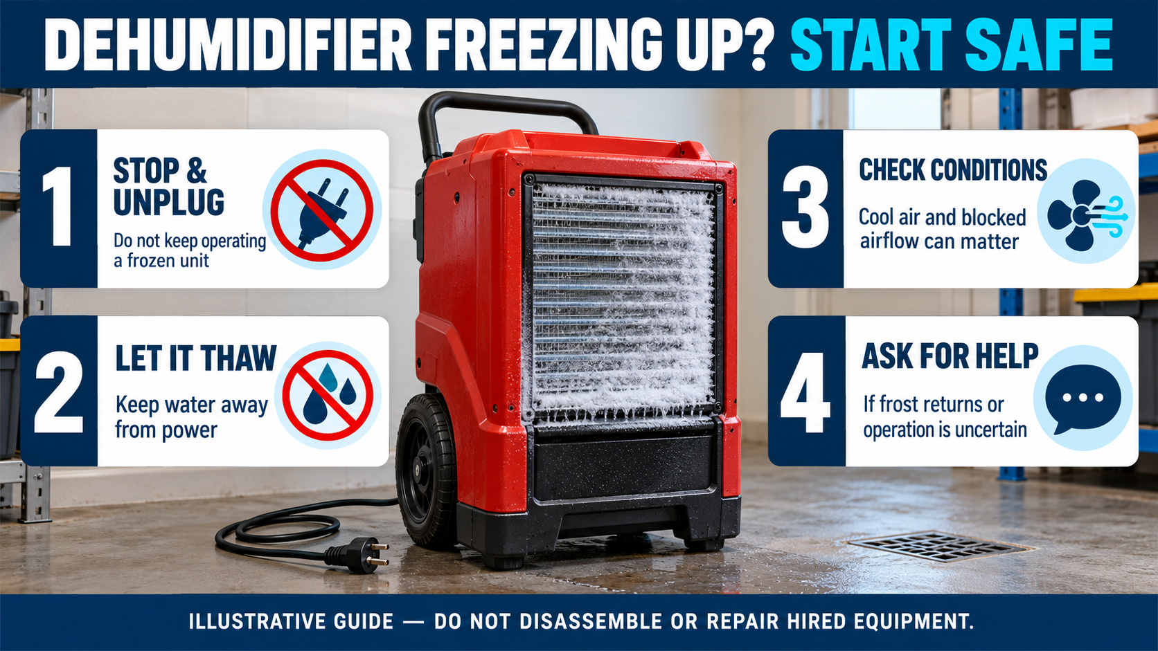 Illustrative dehumidifier freezing guide: stop and unplug, let the unit thaw safely, check conditions, and ask for help if frost returns.