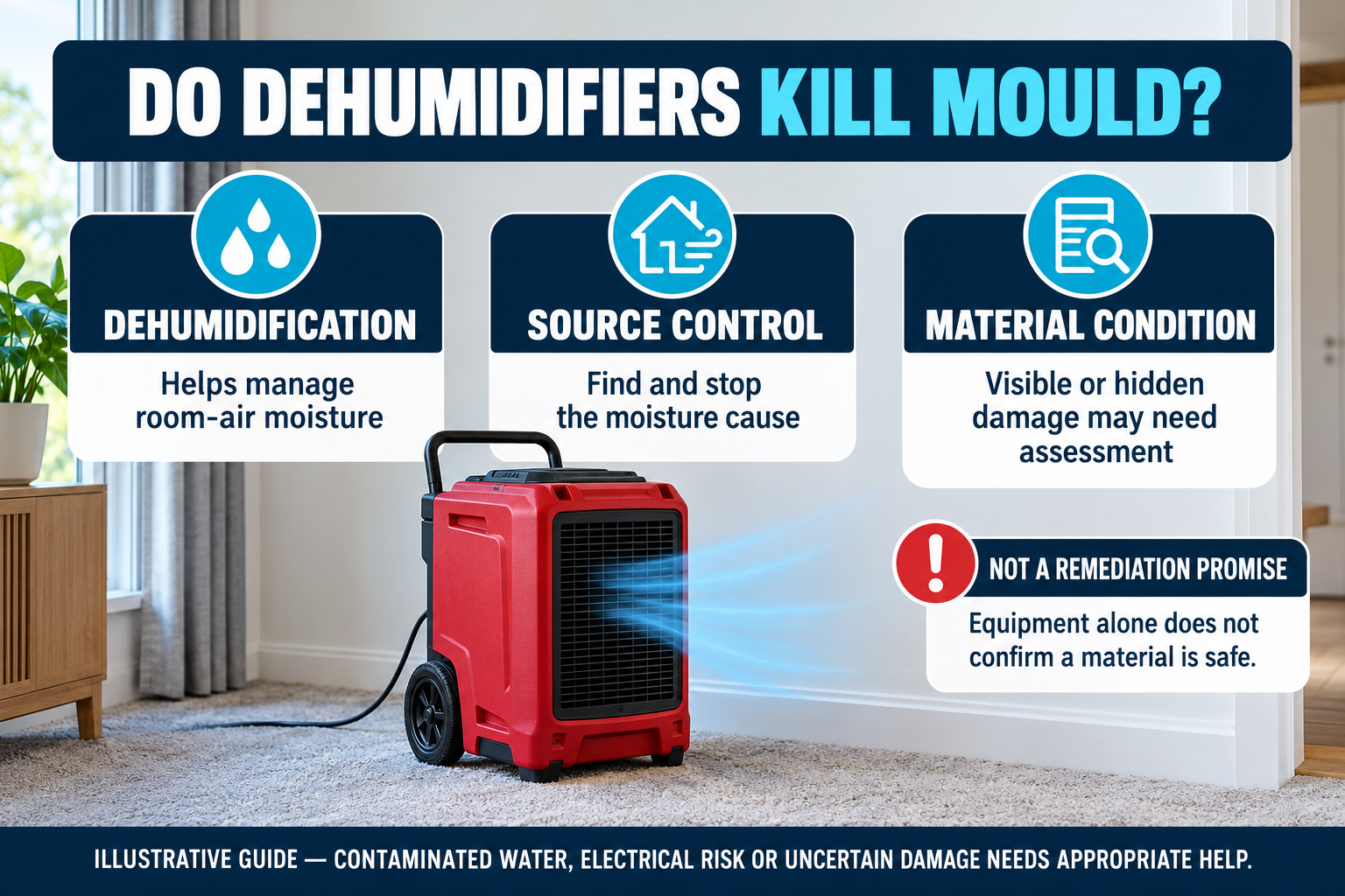 Illustrative guide explaining that dehumidification may help manage room-air moisture while source control and material condition still need assessment.