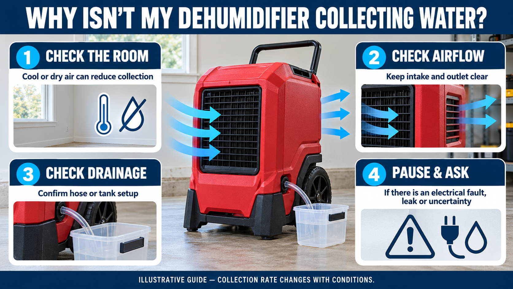 Illustrative dehumidifier troubleshooting guide: check room conditions, airflow and drainage, then pause and ask for help for electrical faults, leaks or uncertainty.
