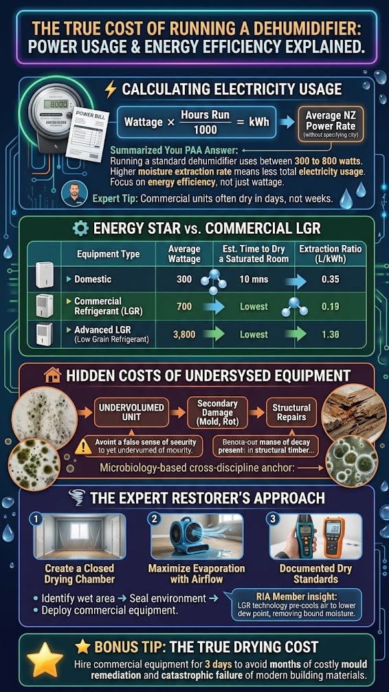 Dehumidifier electricity-use and running-cost infographic for New Zealand homes