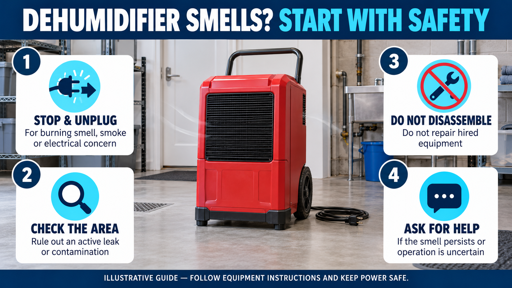 Illustrative dehumidifier smell safety guide: stop and unplug for burning smell, smoke or electrical concern, check the area, do not disassemble, and ask for help if uncertainty remains.