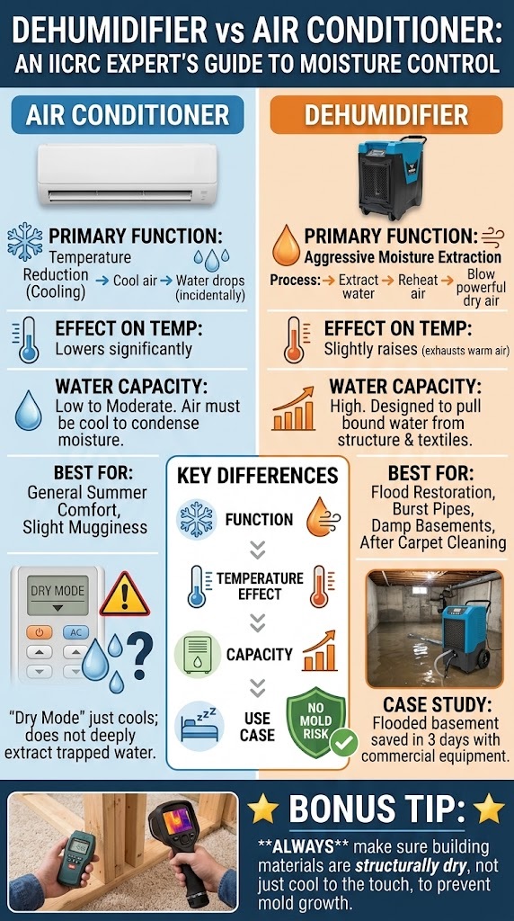 Dehumidifier versus air-conditioner structural-drying infographic