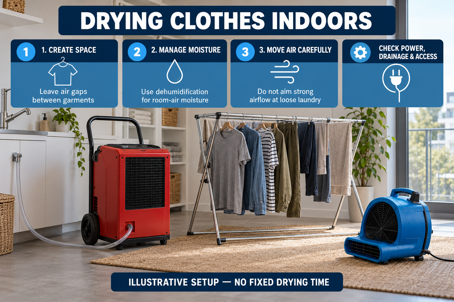 Illustrative indoor clothes-drying setup showing air gaps, dehumidification, careful airflow and checks for power, drainage and access.