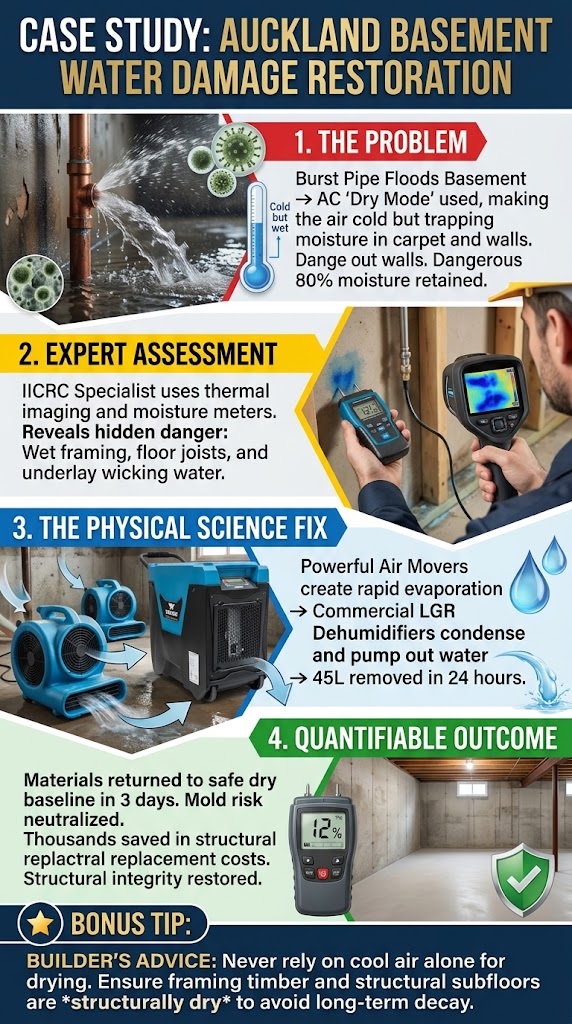 Commercial dehumidifier flood-restoration case-study infographic