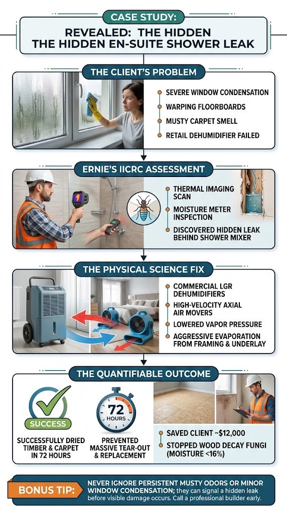 Hidden shower-leak drying case-study infographic