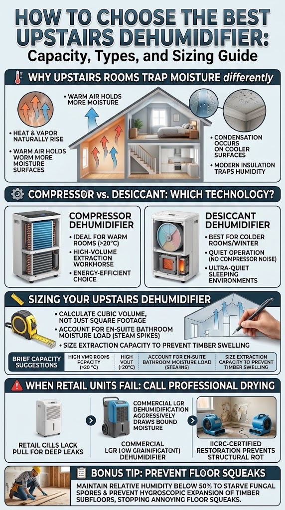 Upstairs dehumidifier capacity and sizing guide infographic